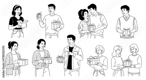 A diverse group of people celebrating special moments by giving and receiving presents, depicted in a clean line art style