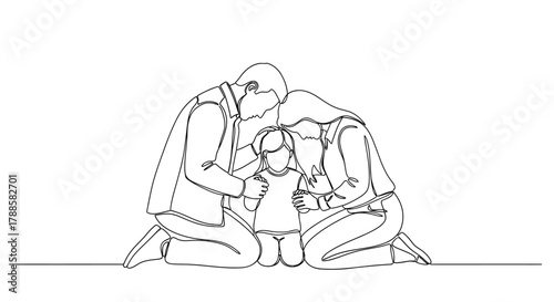 Minimalist one line drawing of a family praying together. Parents and their child kneeling in a moment of love and unity