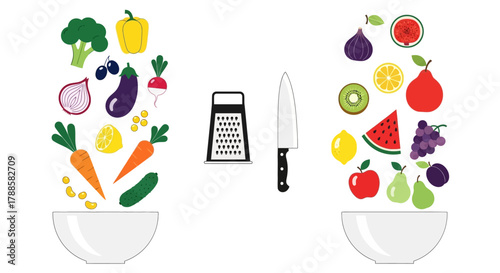 Conceptual illustration of healthy eating and food preparation, showing assorted fresh fruits and vegetables with kitchen utensils