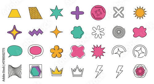 Trendy set of Y2K aesthetic geometric shapes, abstract symbols, and modern icons. Vector collection for graphic design projects