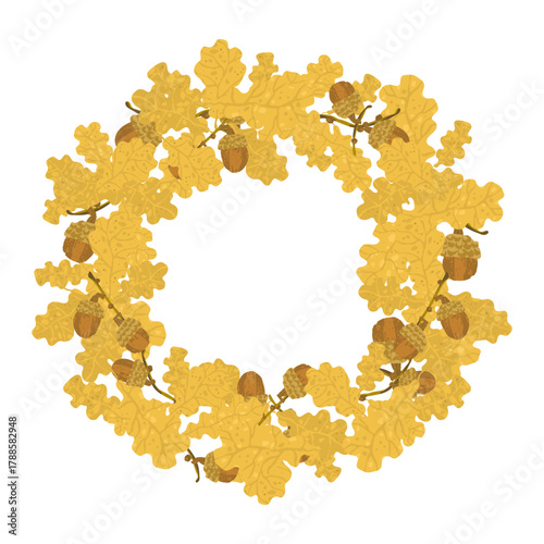Wreath with acorns and oak yellow leaves. Perfect template for card, poster, menu, invitation, label
