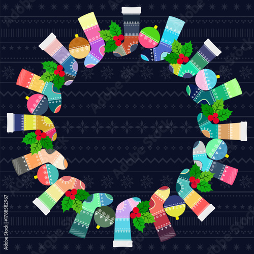 Round frame made of Christmas stockings, Christmas tree baubles and Christmas holly design