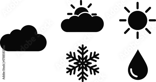 Weather symbols simple glyph icon set. Vector pictograms of cloud, sun, snowflake, drop of water, simple solid black illustration.