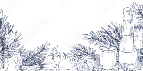 A Christmas text template featuring champagne, candles, tangerines, and winter pine branches. A hand-drawn monochrome line art graphic illustration. Suitable for winter decor and text templates.