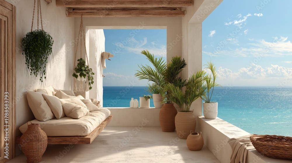 Obraz premium A serene minimalist balcony designed in white rustic style overlooking a breathtaking peaceful blue ocean view. The clean lines, natural textures, and open space
