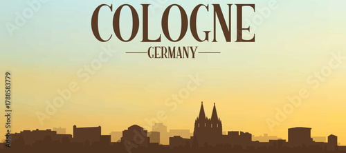 Panoramic poster of the city skyline with misty background buildings, hills sunrise, sunset and clouds of COLOGNE, GERMANY