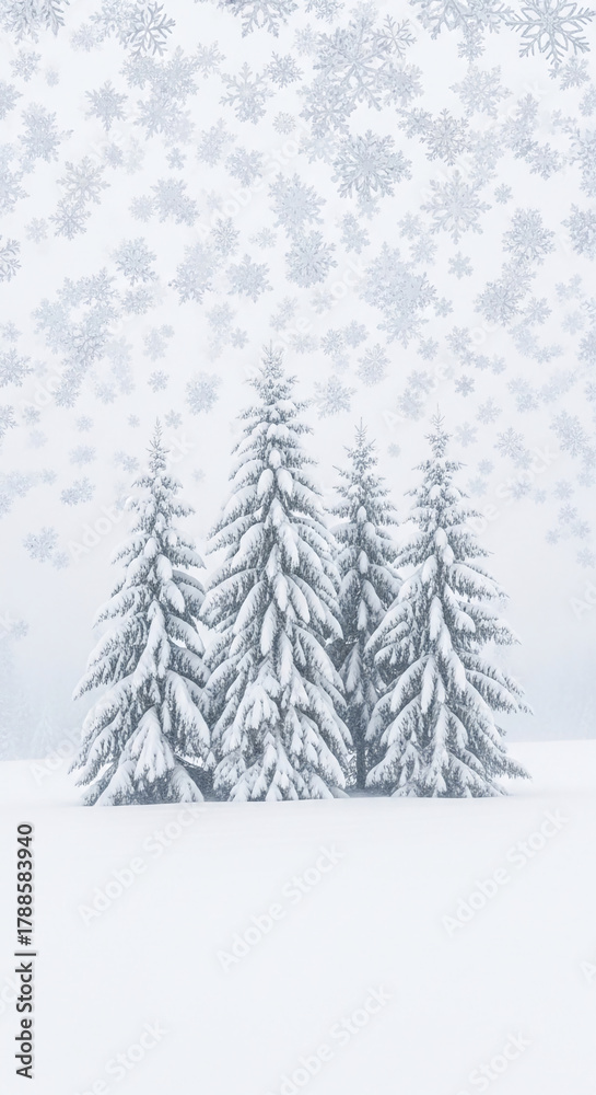 Obraz premium Three fir trees covered with snow stand in a white field. Snowflakes fall. Concept represents winter wonderland, cold, freshness, purity, and stillness
