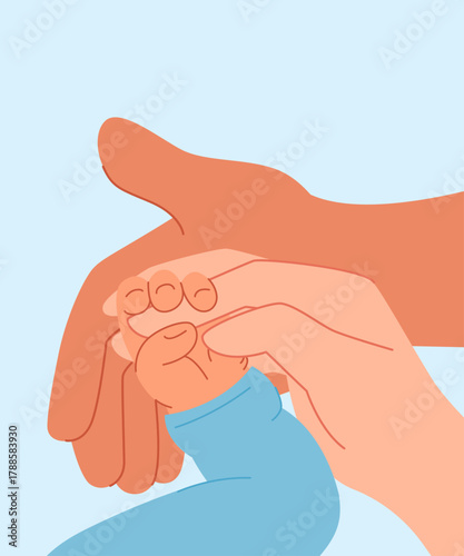 Fathers and mothers hands holding baby palm. Vector illustration on white background