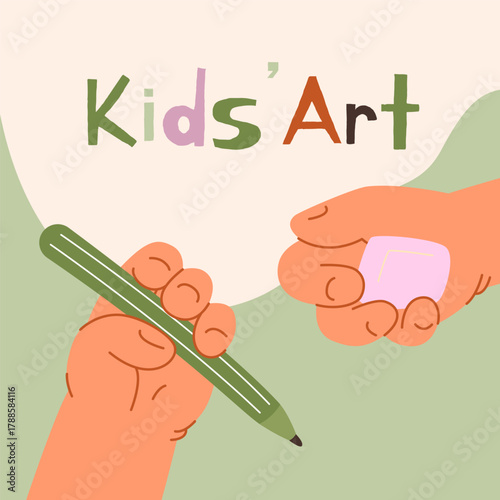Top view of the cute kids hand holding crayon and eraser. Art workshop educational courses for kids.