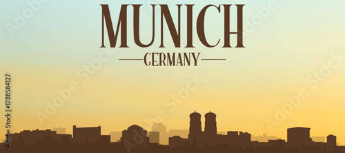 Panoramic poster of the city skyline with misty background buildings, hills sunrise, sunset and clouds of MUNICH, GERMANY