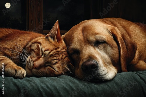 Wallpaper Mural A ginger cat and a Labrador Retriever snuggled together under moonlight, conveying warmth and affection. Ideal for themes of friendship and pet care. Torontodigital.ca