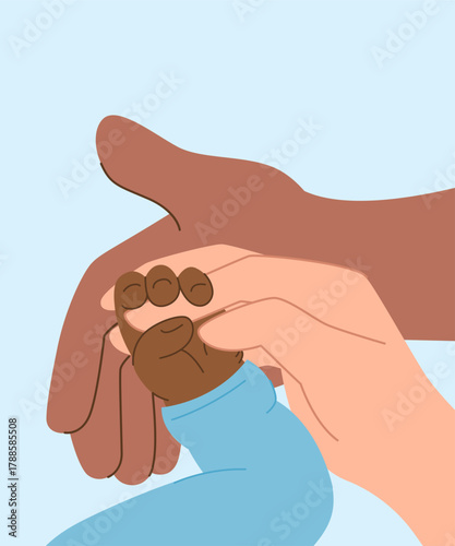 Black fathers and mothers hands holding baby palm. Vector illustration on white background