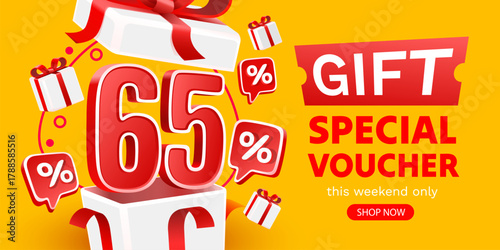 Vibrant 65 discount promotion with gift boxes and percentage bubbles. A special voucher offer for online shopping.