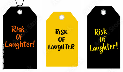 "Risk of Laughter" labels in various colors and designs, vector, set, Funny Tags for Gifts  