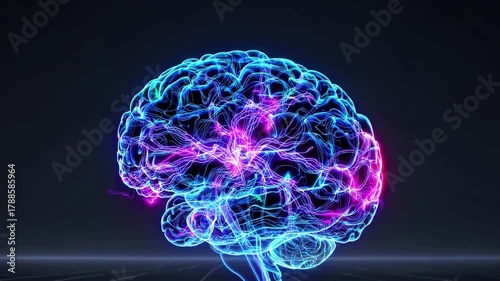 Vibrant neon brain synaptic activity simulation, clinician monitoring firing patterns, pink and blue currents cascade across cortex, pulsing highlights mark neural hotspots, glossy reflective floor