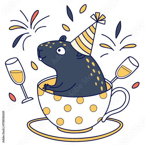 SVG art: A Bashful Capybara in a New Year celebration vibe with in a teacup, tinted with Midnight Sparkle tones