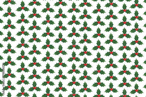 PrintSeamless Holly Leaf and Berry Christmas Pattern on Black Background