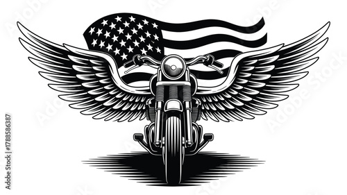 Iconic american motorcycle with outstretched wings and a waving us flag in a striking silhouette design