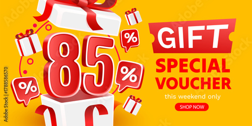 Big 85 off special gift voucher on a vibrant yellow background. Get a discount with this exciting promotional banner.