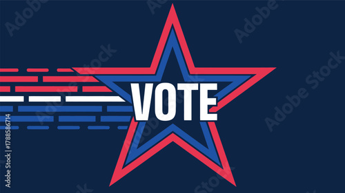 Bold red white and blue star silhouette with the word vote in the center against a dark blue background with abstract stripes silhouette