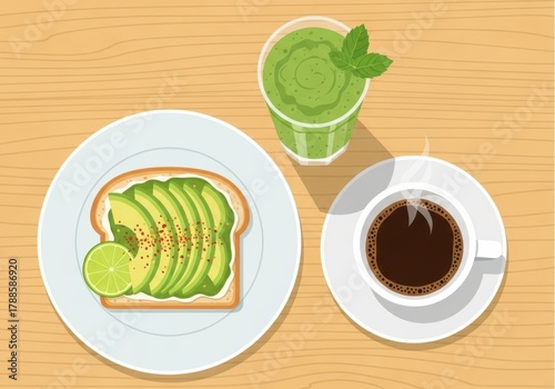 Avocado toast, green smoothie, and hot coffee on wooden table isolated on white background, Vector