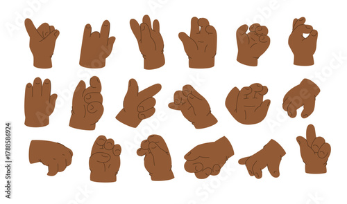 Set of black kids hands emoji and symbols. Set of baby palm. Vector isolated on white background.