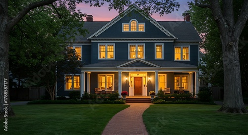 Blue house with warm glowing windows at dusk twilight