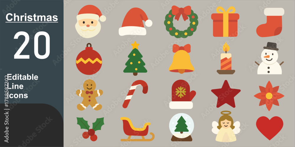 Fototapeta premium Christmas Icon Set – Festive Holiday Vector Collection with Santa, Tree, Gift, Bell, Snowman, and Decorations in Flat Design