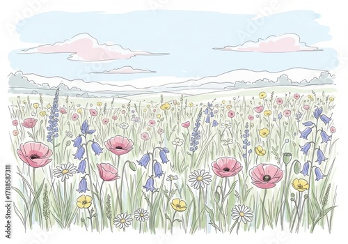 Wildflower meadow with poppies, bluebells, and daisies under sky isolated on white background, Vector