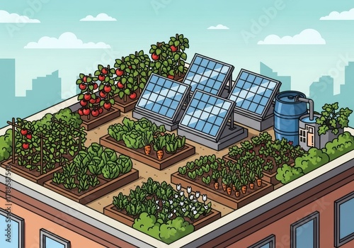 Rooftop urban garden with solar panels and rainwater harvesting isolated on white background, Vector