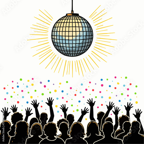 Disco ball shining above crowded dance floor with colorful lights sketch  