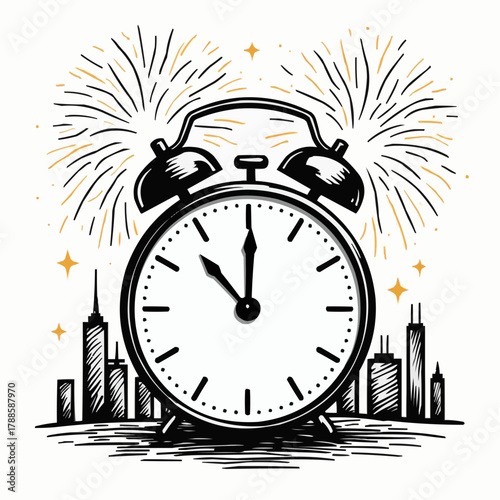Clock striking midnight with fireworks bursting behind city skyline in sketchy doodle style  