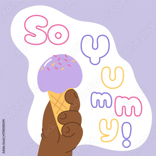 Hand of black baby holding ice cream. The inscription So Yummy Vector illustration