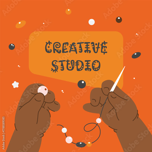 Top view of the beading process, children handmade, art workshop educational courses for kids.