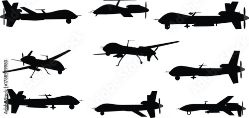 Collection of military drone silhouettes, unmanned aerial vehicle illustration, air surveillance technology, aviation defense system, combat aircraft concept, flight design art