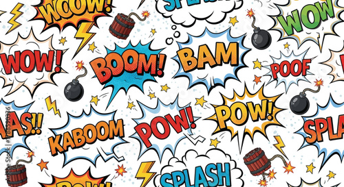 Energetic Comic Sound Effects with Explosions and Stars on White Background Art