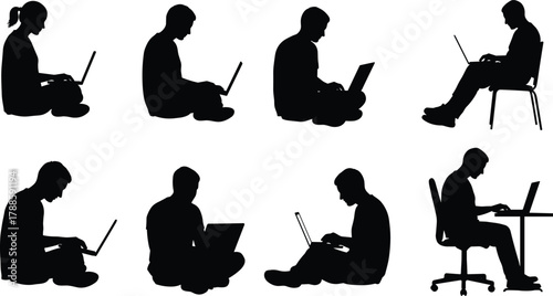 People silhouette working on laptops, sitting positions, freelancer concept, office work design, remote study illustration, technology communication, digital workspace vector