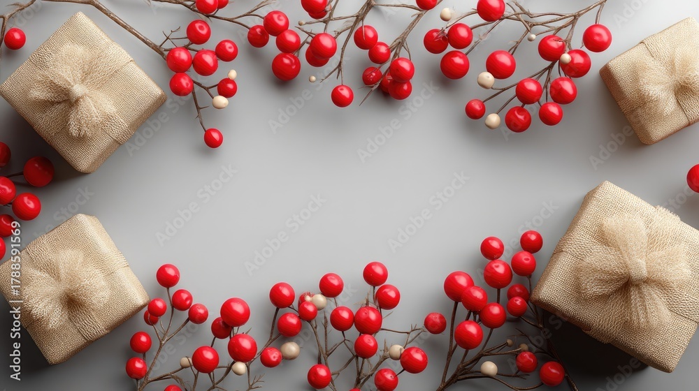 Obraz premium Silver wrapped gifts and ornaments are surrounded by red berries and green branches, creating a joyful holiday display for celebrations