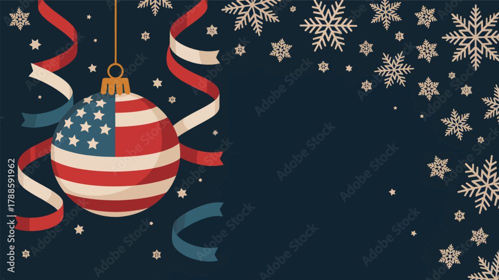 Obraz premium Festive american flag christmas ornament hanging with ribbons and snowflakes on a dark background silhouette