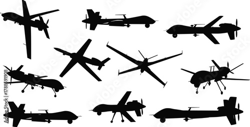 Silhouette collection of military drones and aircraft, unmanned aerial vehicle design, aviation technology illustration, air surveillance concept, defense system art, war equipment graphic