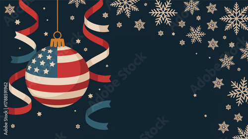 Festive american flag christmas ornament hanging with ribbons and snowflakes on a dark background silhouette