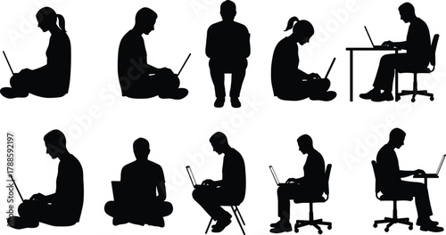 Silhouette people working on laptops, office teamwork illustration, freelance job concept, digital workspace, online communication, remote work technology, productivity symbol