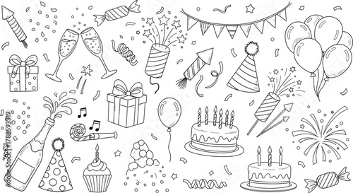 Festive Celebration Doodles Featuring Cakes, Balloons, Gifts, & Party Decorations on White