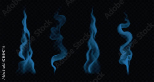 Incense smoke and steam PNG isolated on transparent background. Various blue colored mist and vapor from food, potion, hot drinks