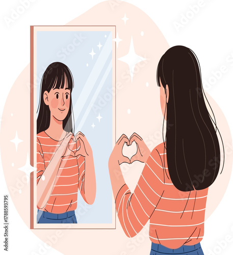 A young woman is standing in front of a mirror, making a heart shape with her hands, reflecting selflove and acceptance, with a warm and inviting atmosphere