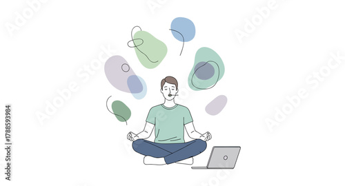 Workplace zen: calm meditation for stress relief with laptop and modern art design
