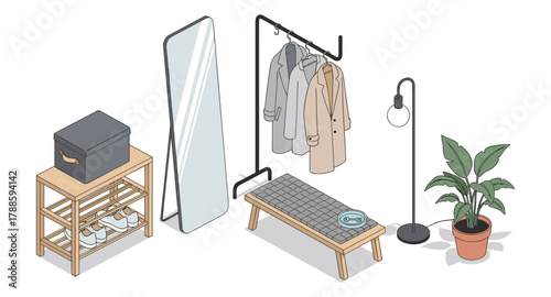 Modern minimalist entryway with furniture and decor in isometric design