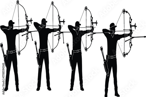 Archers in silhouette aiming bows, demonstrating focus and precision in archery, highlighting teamwork and competitive spirit in sport