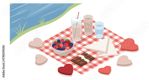 Outdoor picnic scene with fruit bowl, chocolate, and heart decorations on checkered blanket by the riverside