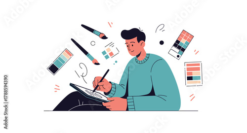 Creative artist sketching digitally with floating paint tools and color palettes in flat style
